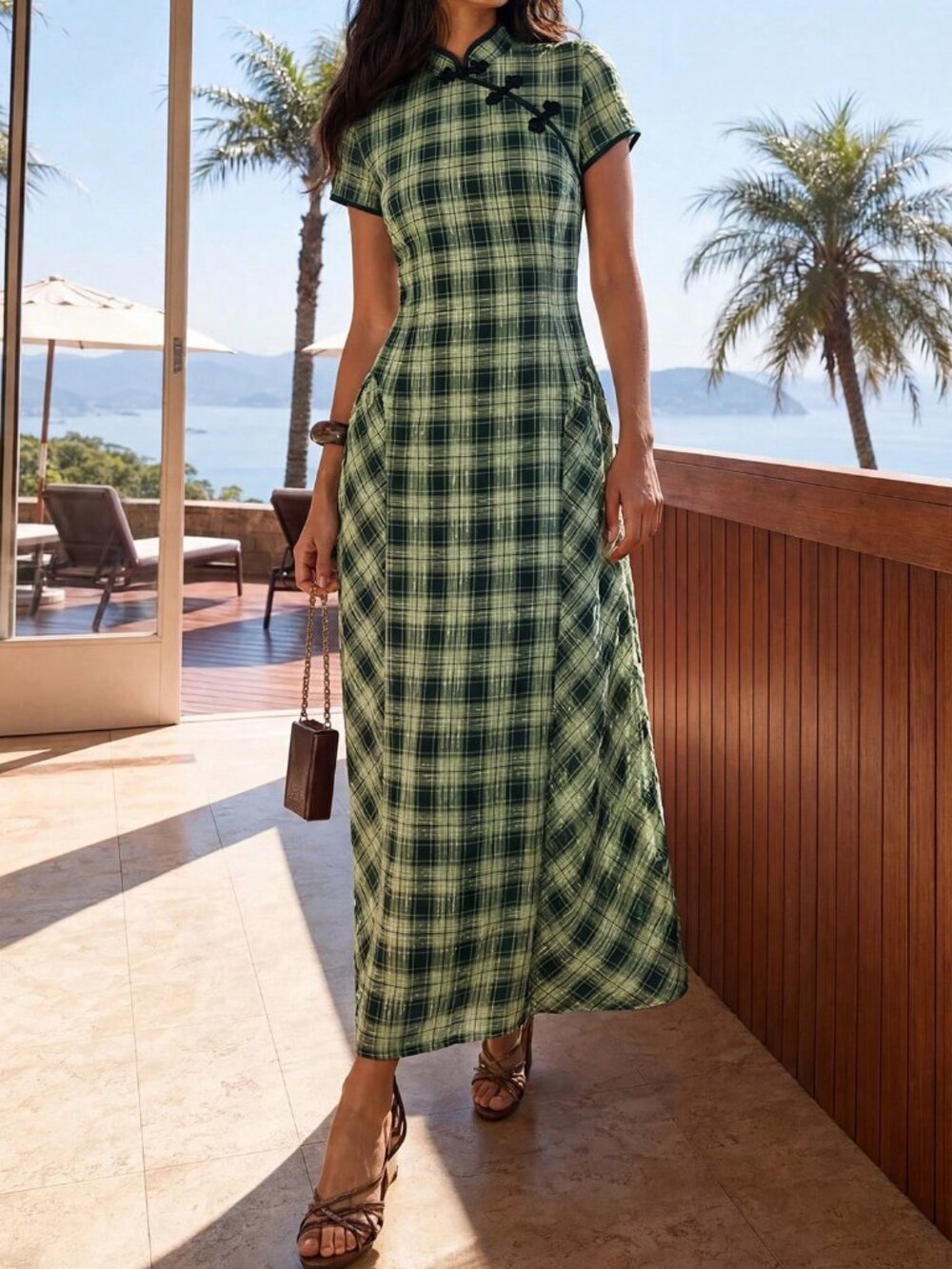 Dark Green Casual Women's Elegant Frog Button Plaid Short Sleeve Dress